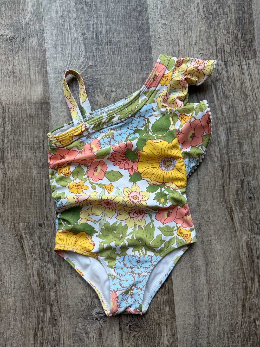 Janie and Jack Floral One-Shoulder Swimsuit in Yellow, Green, Pink, Blue
